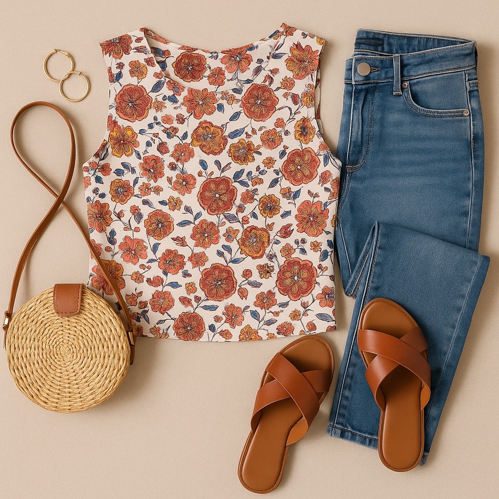 Forever 21 Women’s Sleeveless Blouse Top L – Floral Print, Button Back